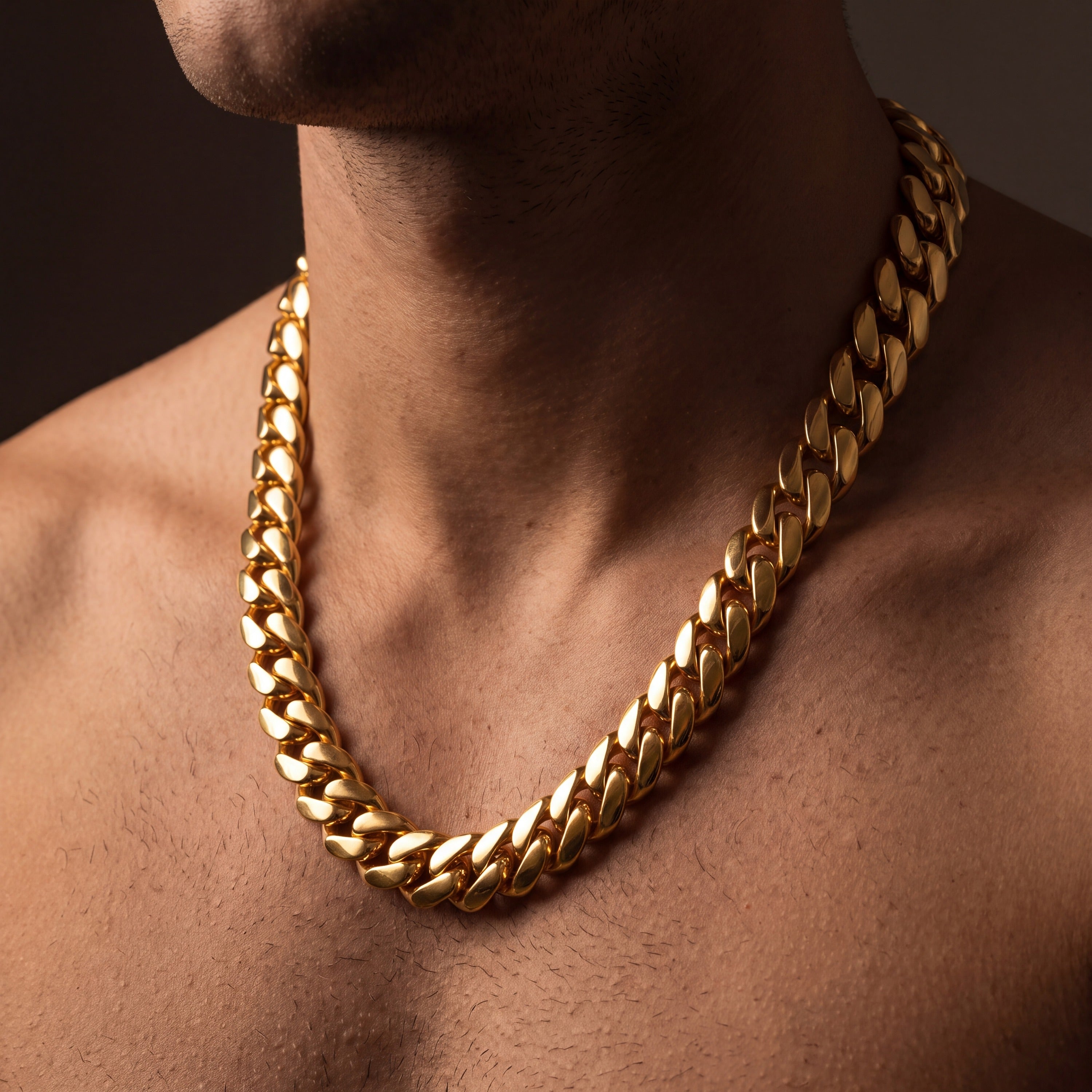 Gold plated Cuban link chain seen from a second angle on the neck